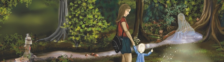 Titelbild des Buches "Die Hüterin des Silberbrünnchens" mit Mama und Kind und Silvana an der Quelle