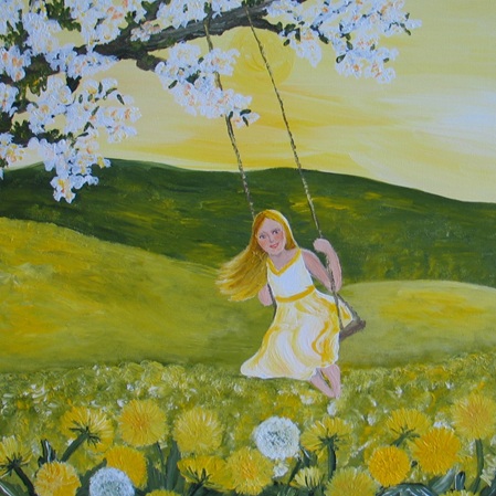 Akrylmalerei Mädchen schaukelt mit wehenden Haaren